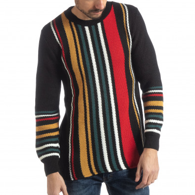Ανδρικό μαύρο πουλόβερ με πολύχρωμο ριγέ it051218-57 2