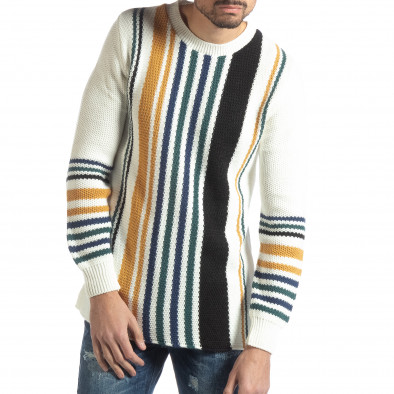 Ανδρικό λευκό πουλόβερ με πολύχρωμο ριγέ it051218-58 2