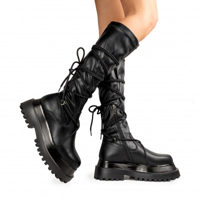 Γυναικείες μαύρες μπότες δίσολες κάλτσα με διακοσμητικά κορδόνια Miranda K56 it161121-5 3