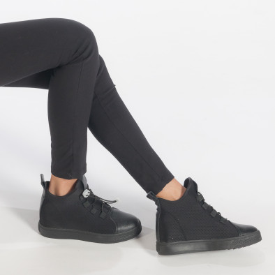 Γυναικεία μαύρα ψηλά sneakers από συνδυασμό υφασμάτων με ελαστικά κορδόνια it240118-20 2