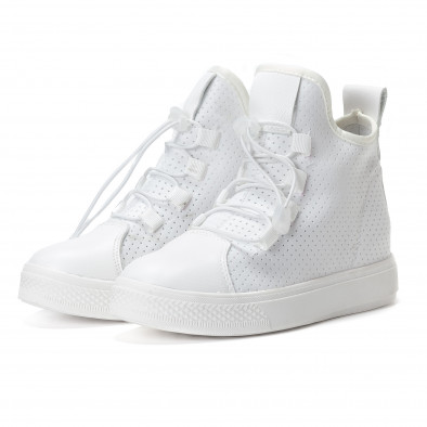 Γυναικεία λευκά ψηλά sneakers από συνδυασμό υφασμάτων με ελαστικά κορδόνια it240118-19 5