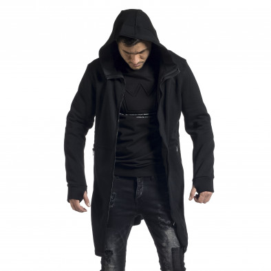 Ανδρικό μαύρο φούτερ μακρύ μοντέλο με κουκούλα tr240921-12 3