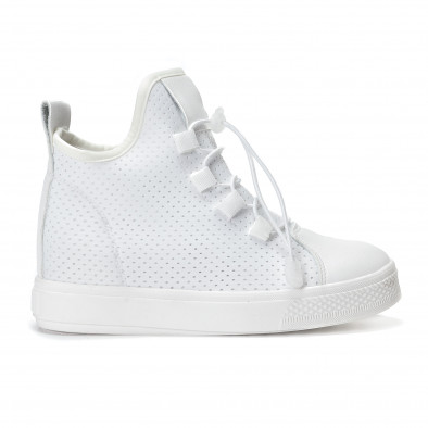 Γυναικεία λευκά ψηλά sneakers από συνδυασμό υφασμάτων με ελαστικά κορδόνια it240118-19 3