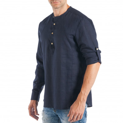 Ανδρικό μπλε πουκάμισο χωρίς γιακά από καλοκαιρινό ύφασμα it050618-10 4