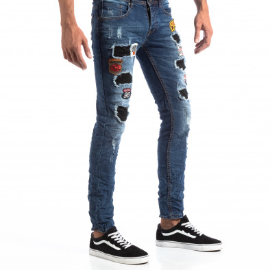 Ανδρικό μπλε τζιν Slim Jeans με διακοσμητικά μπαλώματα it260918-1 4
