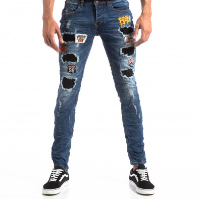 Ανδρικό μπλε τζιν Slim Jeans με διακοσμητικά μπαλώματα it260918-1 2