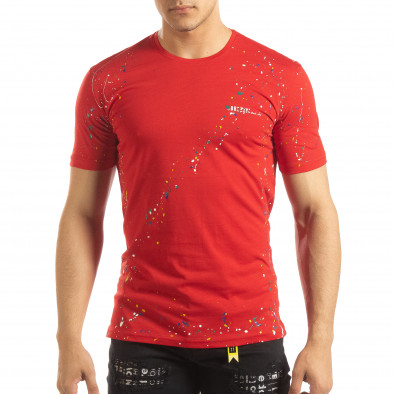 Ανδρική κόκκινη κοντομάνικη μπλούζα με διακοσμητικές πιτσιλιές μπογιάς it150419-90 2