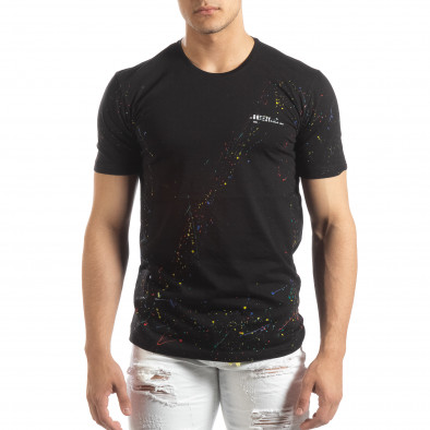 Ανδρική μαύρη κοντομάνικη μπλούζα με διακοσμητικές πιτσιλιές μπογιάς it150419-89 2