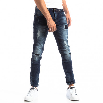 Ανδρικό μπλε τζιν Slim Jeans με διακοσμητικά μπαλώματα it250918-16 3