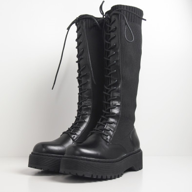 Slip-on γυναικείες μαύρες μπότες με διακοσμητικά κορδόνια it131119-2 3