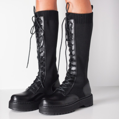 Slip-on γυναικείες μαύρες μπότες με διακοσμητικά κορδόνια it131119-2 4
