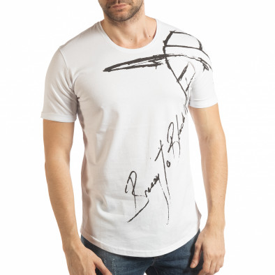 Ανδρική λευκή κοντομάνικη μπλούζα με καλλιγραφικό πριντ tsf190219-17 2
