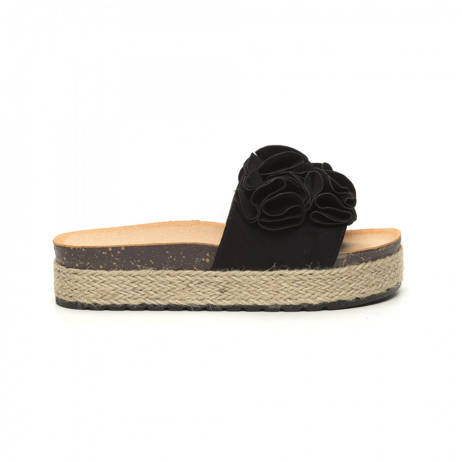 Γυναικείες μαύρες παντόφλες με επένδυση από γιούτα it050619-23