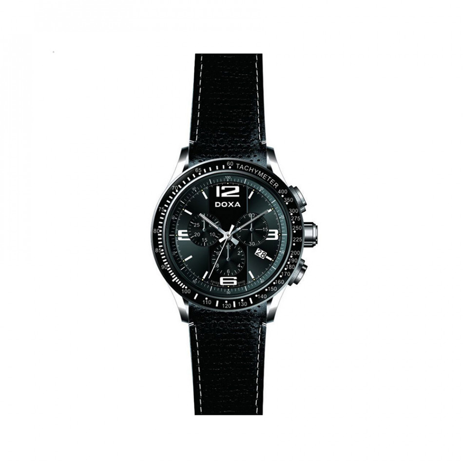 Ανδρικό ρολόι Doxa Trofeo Quartz Chronograph Black Dial Black Leather   2851010301W