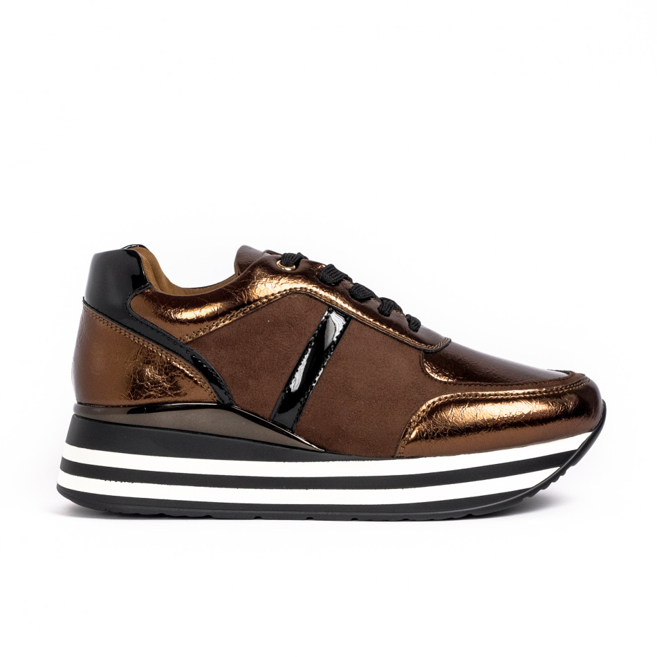 Γυναικεία καφέ sneakers με συνδυασμό υλικών G0113-3 it100821-6