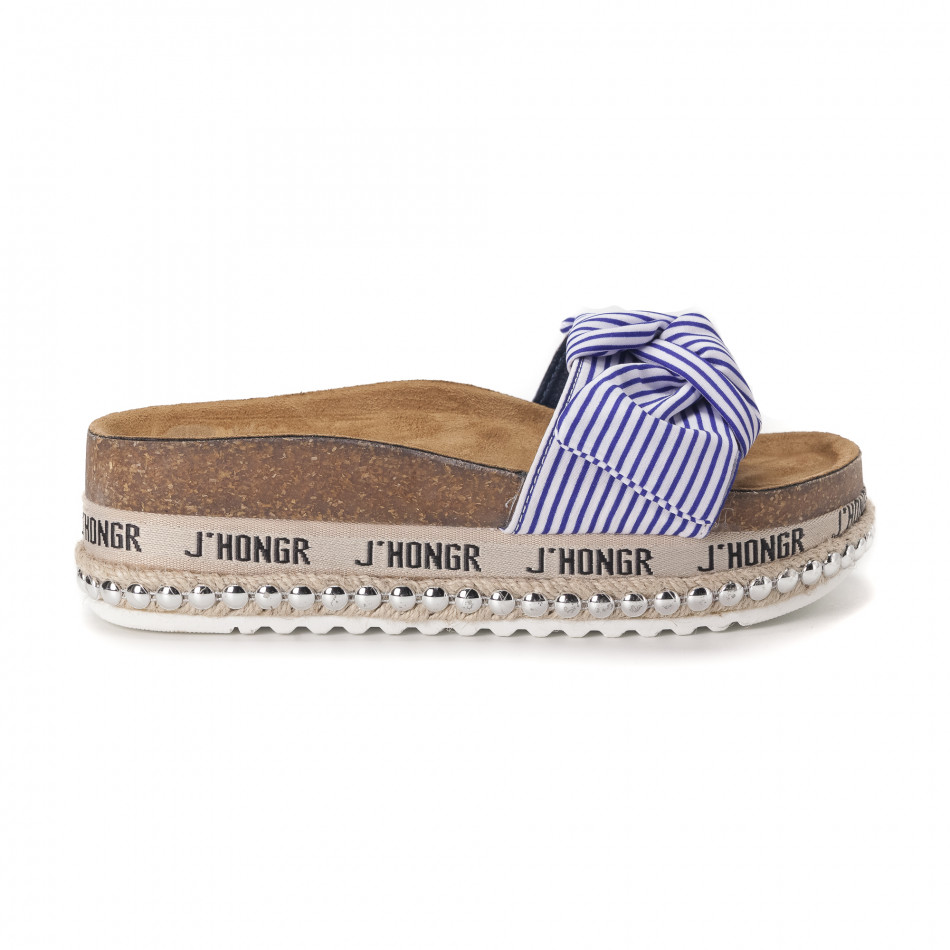 Γυναικείες μπλε ριγέ παντόφλες με φιόγκο it010618-2