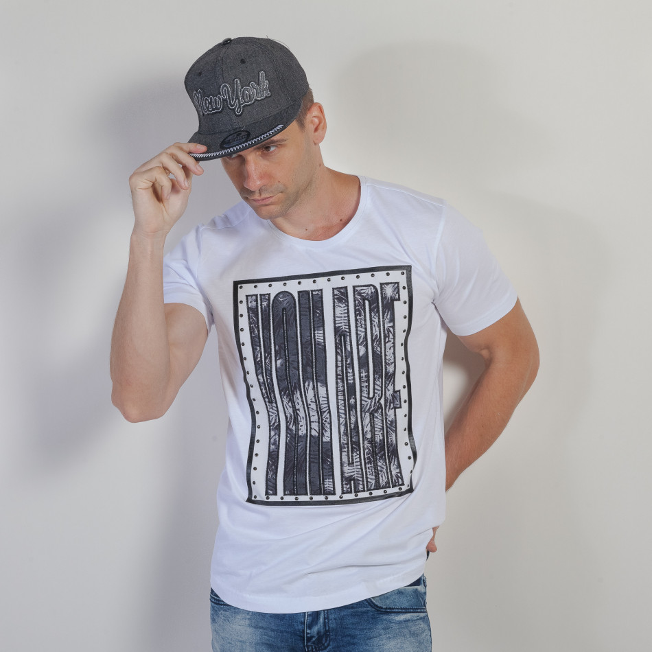 Ανδρική λευκή κοντομάνικη μπλούζα με φλοράλ επιγραφή tsf250518-1