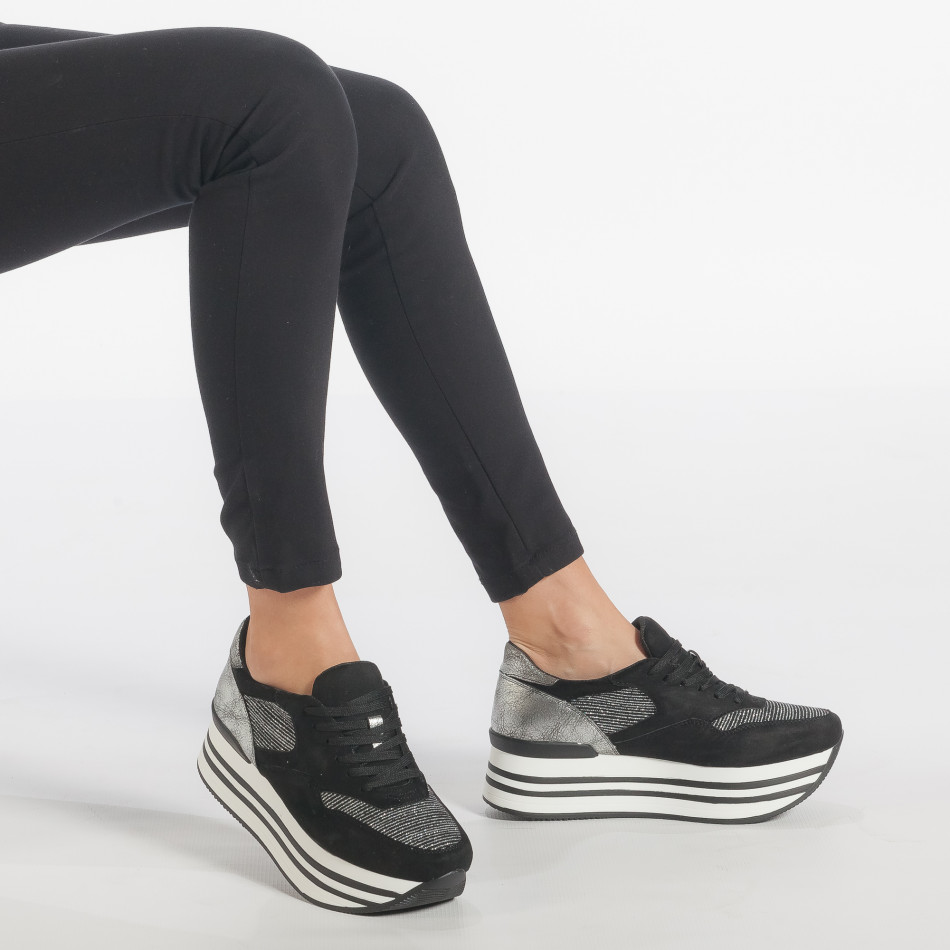 Γυναικεία μαύρα sneakers από οικολογικό σουέτ με ασπρόμαυρη πλατφόρμα it240118-42