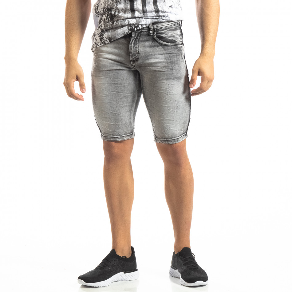 Ανδρική γκρι τζιν βερμούδα Slim-fit με τσαλακωμένο εφέ it150419-11
