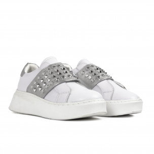 Γυναικεία λευκά sneakers με ασημί λεπτομέρεια και λάστιχα AB2301-4  2