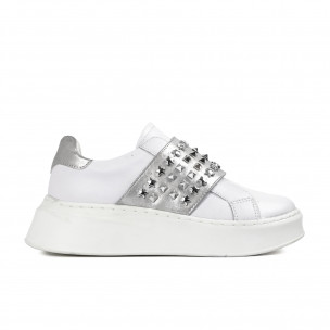 Γυναικεία λευκά sneakers με ασημί λεπτομέρεια και λάστιχα AB2301-4 FM